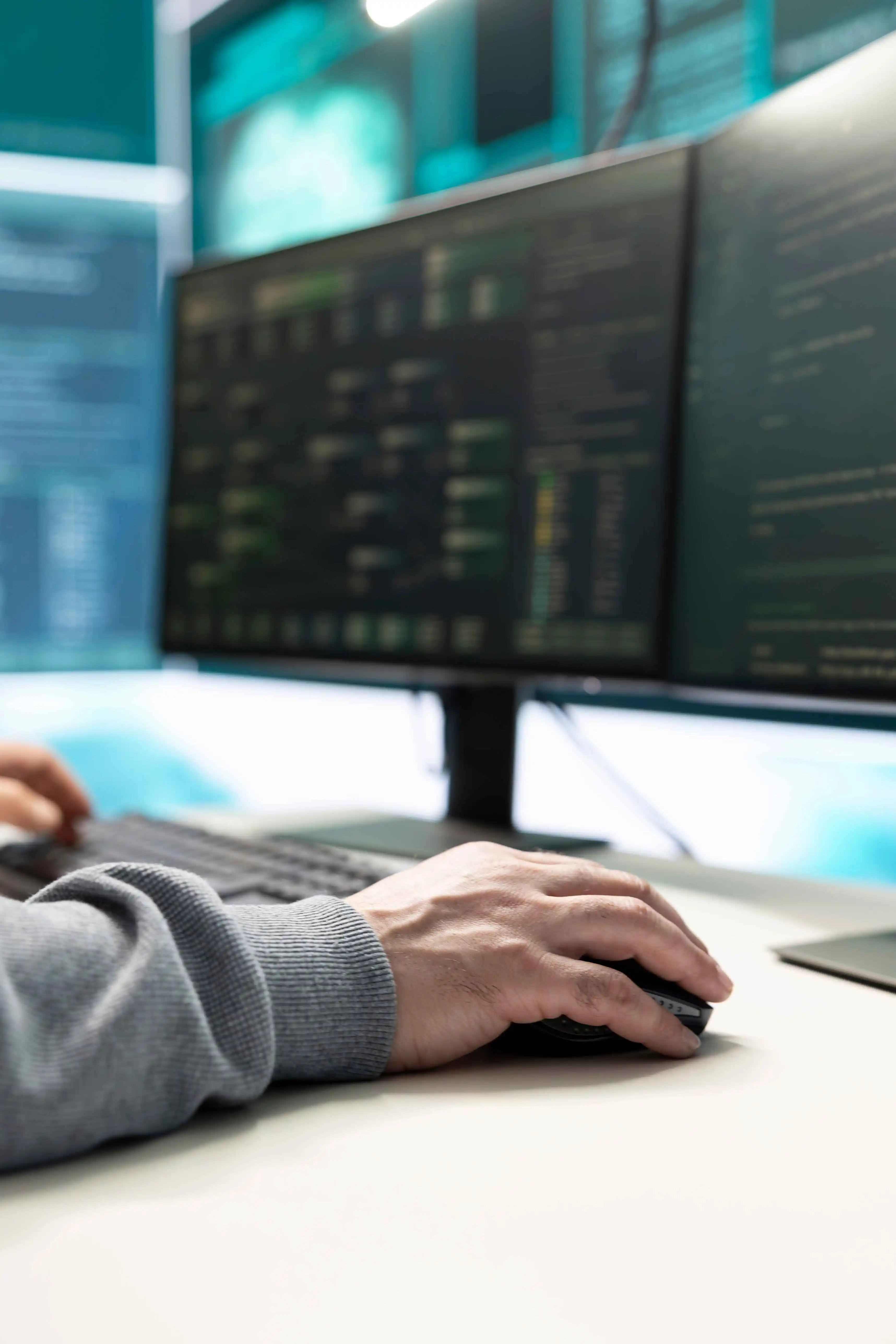 Estudio de desarrollo tecnológico Itplify - Workspace profesional con múltiples monitores y código de programación